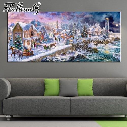 FULLCANG 5d diy full square round drill large diamond painting winter town landscape mosaic embroidery snow house decor FC2112