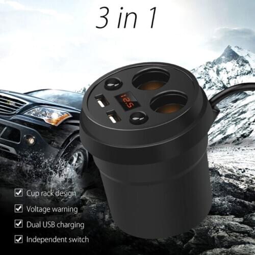 Dual USB Port Car Charger Cup Holder Cigarette Lighter Socket Power Adapter With LED Voltmeter For iPad iPhone 4/5/6/6S/7 Plus