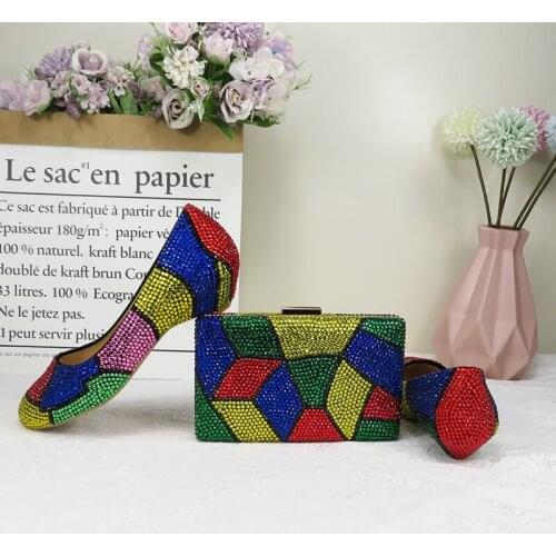 BaoYaFang New Multicolor crystal 2cm wedges women wedding shoes with matching bags woman low heel fashion shoes and bags set