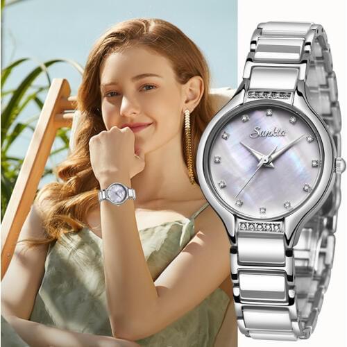 SUNKTA Diamond Watch For Women Luxury Brand Ladies Mother Of Pearl Surface Watch Minimalist Quartz Movt Female Watch Girl Clock