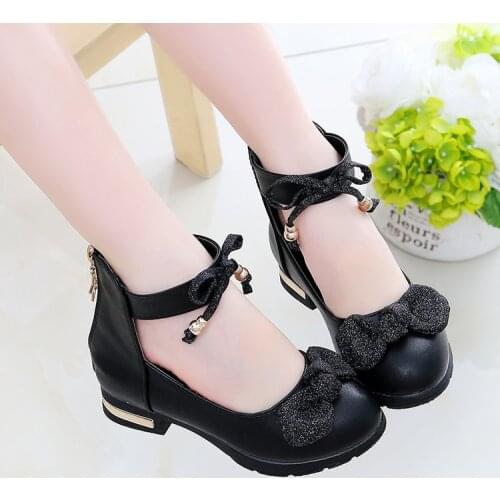 Childrens Girls Shoes Leather Princess Shoes Spring and Autumn New Black Red Pink Kids High Heels Fashion Bow Little Girl Shoes