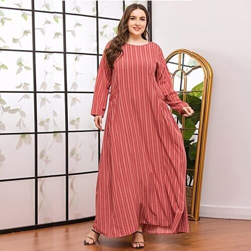 DOIB Red Striped Plus Size Dresses Women Autumn Long Sleeve Pockets Loose Abaya Kaftan Islamic Dubai Muslim Maxi Dress