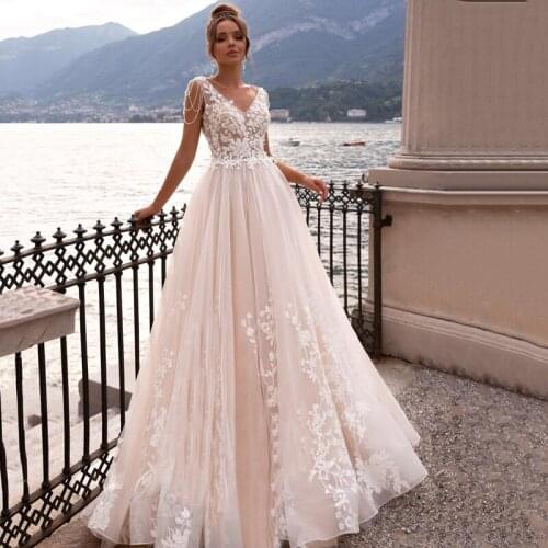 Eightree Elegant Double V-neck Wedding Dresses Pink Applique Beads Tulle A-Line Summer Bridal Gown Evening Dress Custom Size
