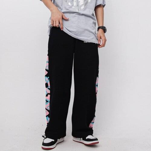 Eukaaru Hip Hop Side Love Print Pants Mens Fashion Street Drawstring Leggings Casual Wide Leg Pants Mens Sweatpants