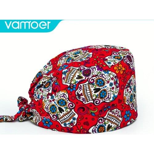 Unisex cotton Sugar Skull printing Cotton Breathable scrub hats pet shop vet Sweat towel hat lab work scrub caps Nurse hat