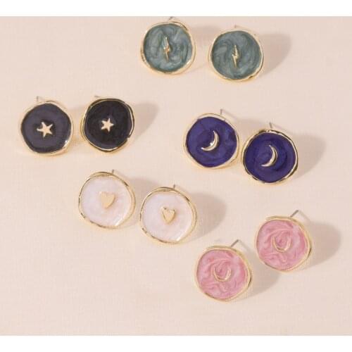 Fashion Personality Cute and Sweet Dreamy Love Moon Stars Korean Style Enamel Round Coin Earrings Earrings Party Accessories