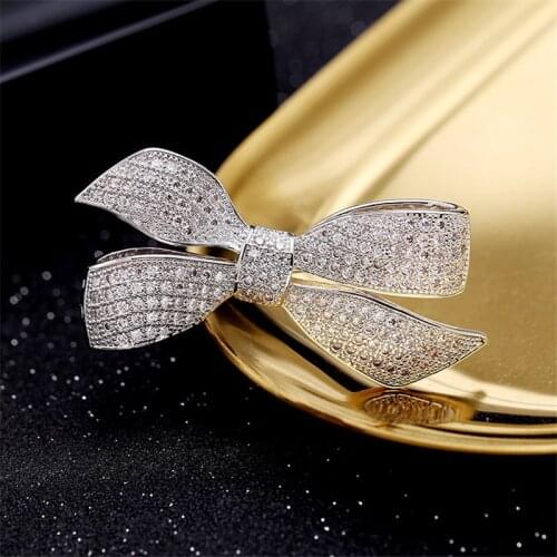 OKILY Luxury Micro Zircon Silver Color Bowknot Brooches Pin Fashion Bow Pin for Men Suit Pins and Brooch Coat Jewellry Accessori