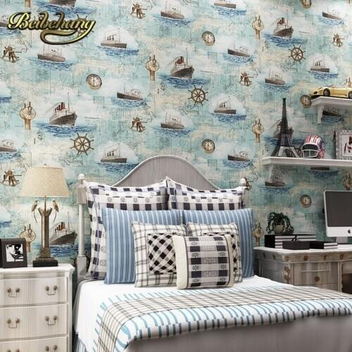 Beibehang wall paper. Pune Mediterranean-style pure paper imported childrens room bedroom wallpaper backdrop sailing yacht Blue