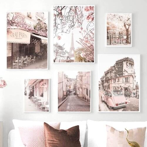 Pink Paris Car Flower Quote Aesthetics Wall Art Canvas Painting Nordic Posters And Prints Wall Pictures For Living Room Decor