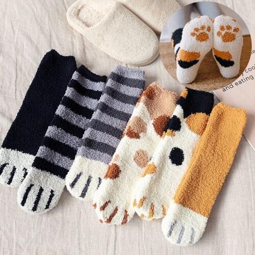 Autumn and Winter Cat Claws 1 Pair of Plush Coral Fleece Socks Cute Thick Warm Sleeping Floor Sleep Socks Female Tube Socks