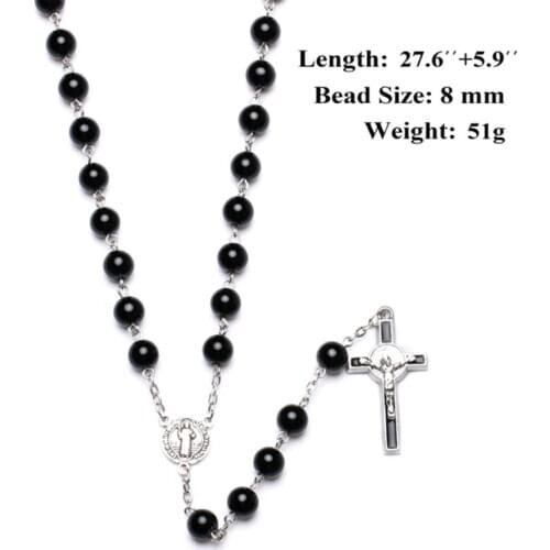 Black Glass Cross Religious Necklace Catholic Rosary Necklace Church Souvenirs QX2E