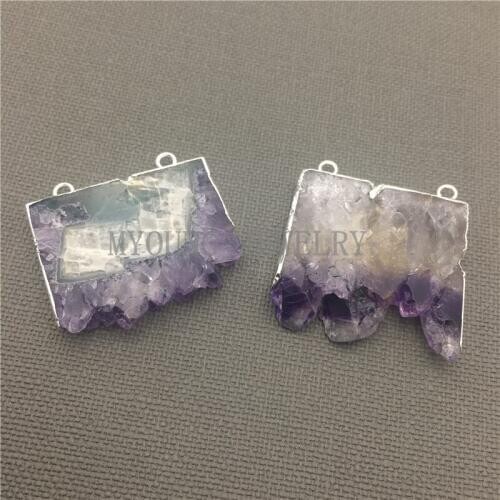 Purple Crystal Stalactite Slice with Double Bails,Amethysts Silver Electroplated Quartz Druzy Pendant MY0026