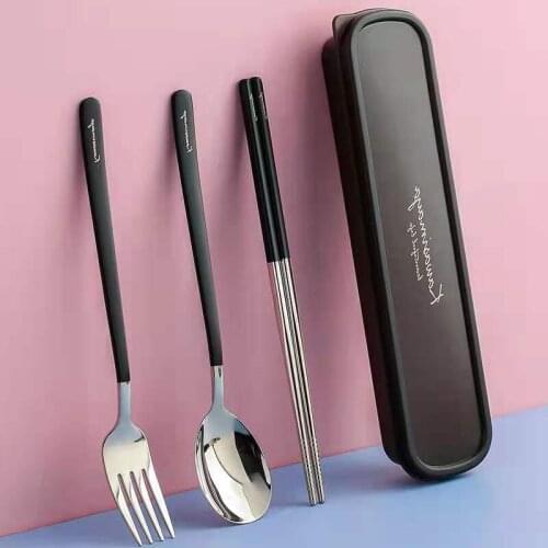 Chopsticks Spoon Fork Set Of Three Stainless Steel Solid Color Portable Cutlery Box For Students And Office Workers To Go Vajill