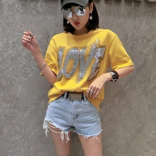 Casual Streetwear Summer New Brand Short Sleeve O-Neck Pullover Womens Tees Top Diamonds Letter Print Loose Fit Female T-Shirts