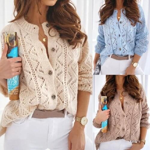 Knitted Cardigans For Women Sweater Autumn Long Sleeve Loose Coat Casual Button Collarless Jacket Elegant Female Hollow Out Tops