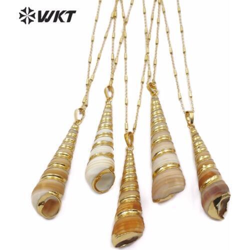 WT-JN074 Natural Trumpet Shell Pendant Gold Trimmed Long Conical Shape Woman Shell Necklace for Seaside Party Banquet Jewelry