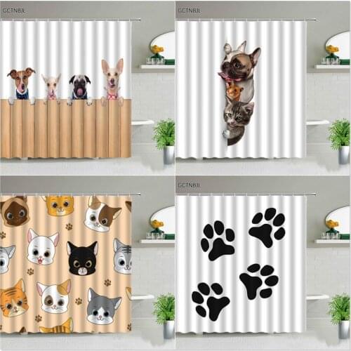 Funny Pet Cat Dog Printed Shower Curtains Cute Animal Bathroom Curtain Washable Child Bathtub Home Decor Screens Set With Hooks