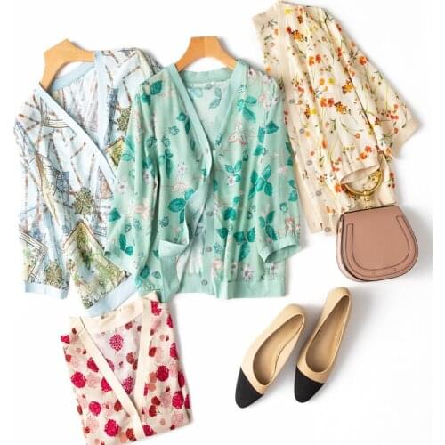 Womens 100% Mulberry Silk Printed Buttons down Thin Coat Top Cardigan Long Sleeve Blouse Summer Beach Cover Up M L XL M109