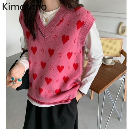 Kimotimo Heart Knitted Vest Women Korean Ins Preppy Style V-neck Outwear Waistcoat Autumn New Age Reduction Sleeveless Sweater