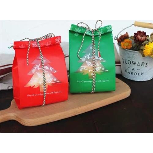 10pcs Red Green Christmas Tree Plastic Bag Snowflake Cookie Candy Bags Merry Christmas Party Kids Gift Bags Xmas Supplies