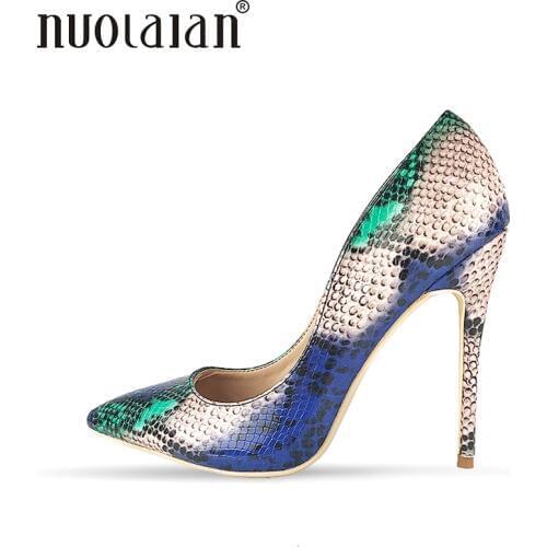 2018 Brand fashion Women Shoes Snake Printed Woman Shoes Sexy Stilettos High Heels 12cm/10cm/8cm Pointed Toe Women Pumps