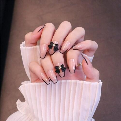 24pcs/set Dark Black Bow Ins Style press on nails Scrub Women Wearable fake nails matte Round Head fake stick on nails with glue