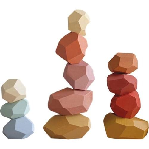 5/10/16Pcs Nordic Colorful Wooden Stone Blocks Stacking Game Kid Educational Toy