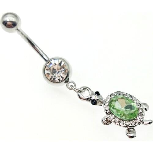 Big rhinestone Tortoise navel ring body piercing jewelry belly button ring Green turtle 14G 316L surgical steel nickel-free