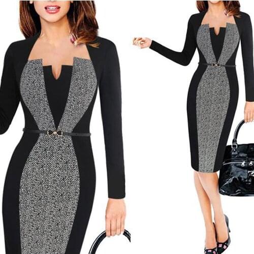 One Piece Dress Suit 2019 Women Retro Contrast Patchwork Belt Wear Work Business Vestidos Ladies Office Bodycon Pencil Female