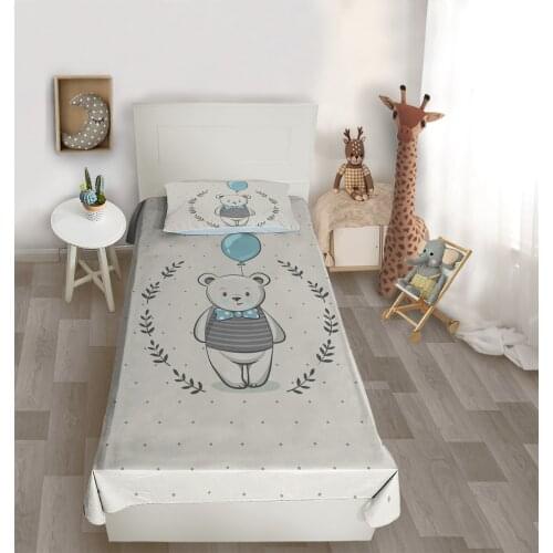 Çocuk odası yatak örtüsü ayı balon mavi gri