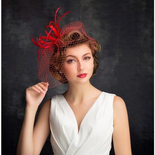 European and American Woman Feather Gauze Mask Hat Korean Fashion Hat Wedding Photo Studio Picture Dress Cap Red