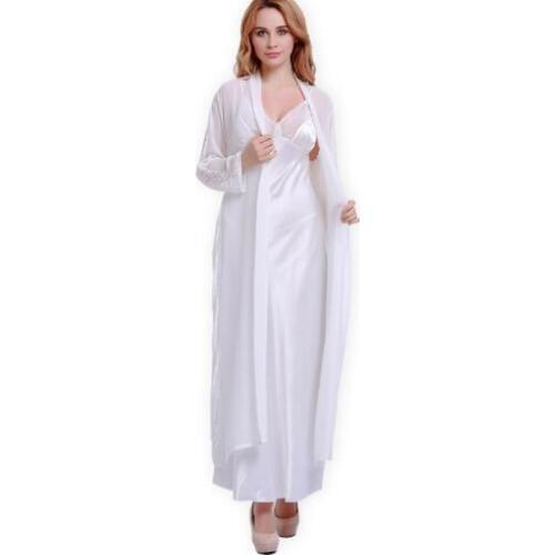 Free Shipping Women Satin Silk Robes Two-Piece Faux Silk Bathrobe Autumn Softness Sexy Lace Long Robe Home Wear Sleepshirts