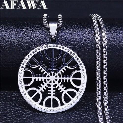 Classic Viking Vegvisir Compass Chain Necklace Crystal Stainless Steel Nordic Runes Odin Necklaces Celts Ethnic Jewelry N4832S02