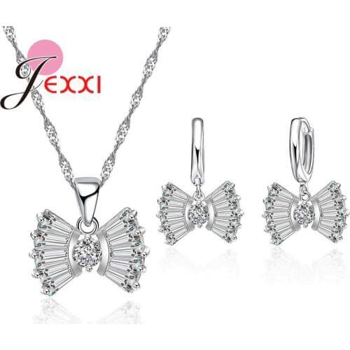 African Crystal Jewelry Sets Nice 925 Sterling Silver Jewelry Pendant Necklaces Earrings Women Elegant Bowknot Wedding Set