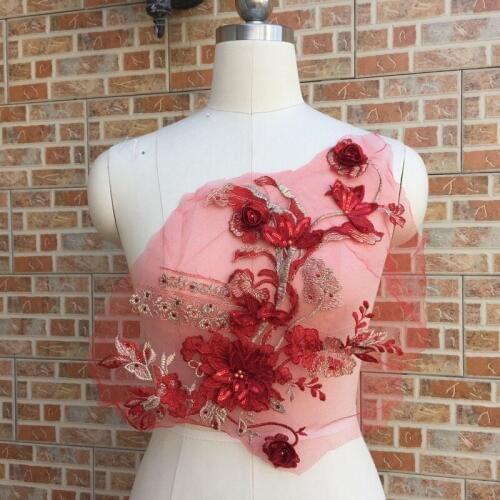 1 Pc 39*26cm 3D Pearl Embroiderey Flower Beaded Lace Applique Pink Red White Applique Lace Sewing Fabric Dress Cloth Curtain