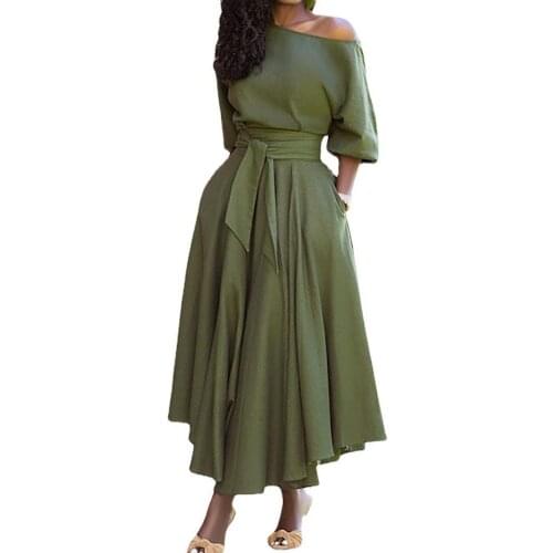 Summer Women Dress Tie Waist Belt Loose Oblique Shoulder Dresses Women Comfortable Lace-up Solid Color Tie Waist Belt Dress