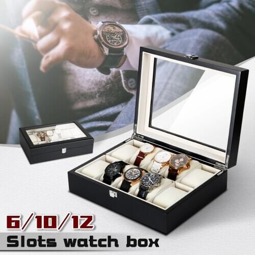 Matte Black Wooden Watch Box Organizer Holder For Automatic Mechanical Watches With Glass on Top 6/10/12 Slots Grids D40