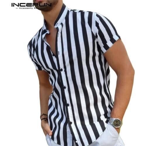 2021 Men Striped Shirt Brand Stand Collar Streetwear Short Sleeve Tops Fashion Button Casual Camisas Men Clothing INCERUN S-5XL
