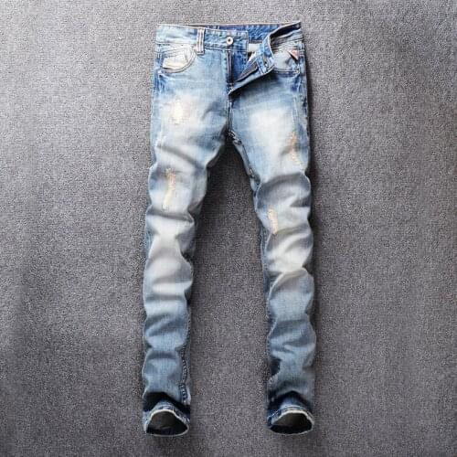 Italian Vintage Fashion Men Jeans High Quality Retro Light Blue Elastic Cotton Slim Ripped Jeans Men Streetwear Designer Pants