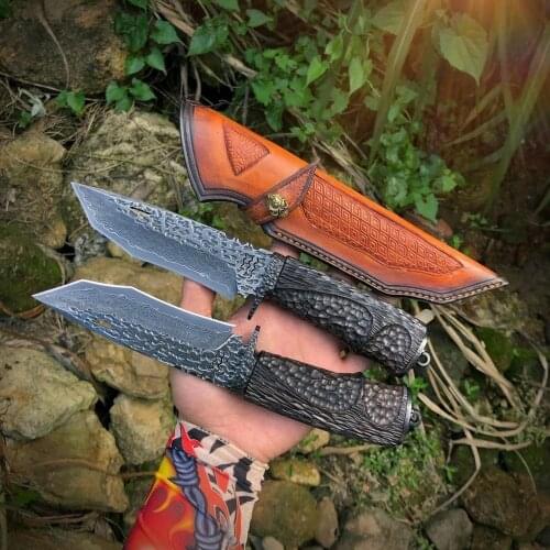 High Quality Damascus steel VG10 steel owl head handleStraight Knife Hunting Knife Outdoor Camping Self-defense EDC Tools