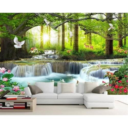 Beibehang Custom wallpaper simple casual green tree forest waterfall landscape tool TV background wall decoration 3d wallpaper