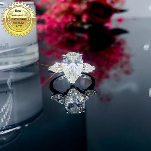 Solid 18K Gold 1ct pear Moissanite Diamond Ring D color VVS With national certificate 013