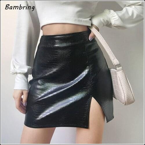 Vintage Faux Crocodile Leather Skirt Women Sexy Mini A-line Skirt Hems Split Ladies Fashion Spring Stretch PU Skirt Bodycon Slim