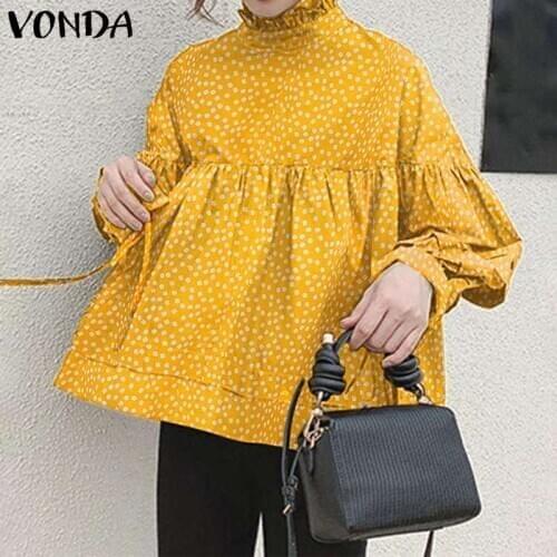 Women Polka Dot Blouse Casual Long Sleeve Round Neck Shirts 2021 VONDA Bohemian Printed Tunic Female Shirts S