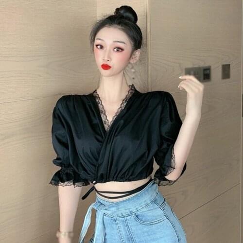 Summer Lace V-Neck Sexy Slim Top Wommen Casual Puff Sleeve Exposed Navel Short Shirt Blouses