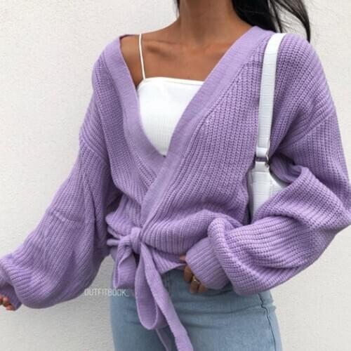 2020 Winter New Womens Sweater V-Neck Cardigan Lace Up Bow Sweater Solid Color Females Coat White Purple