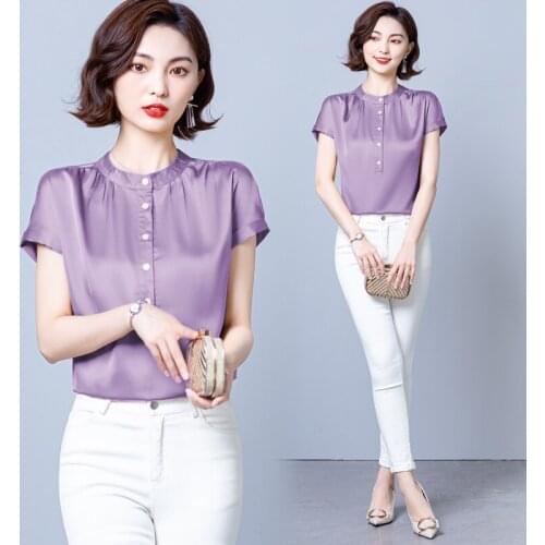 Casual Loose Button 3XL Slik Short Sleeve Solid Satin Pullover Summer Blouses Shirts Womens Tops Clothing 2021 Blusas Female