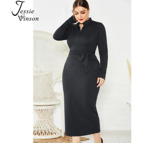 Jessie Vinson Stand Collar Long Sleeve Knitted Plus Size Dress Women Autumn Winter Sexy Bodycon Dress Midi Dresses With Sash