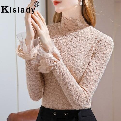 2021 Kislady Turtleneck Flare Sleeve Gothic Women Shirts Sexy Hollow Out Embroidery Tops Shirts Korean Lace OL Fashion Clothes