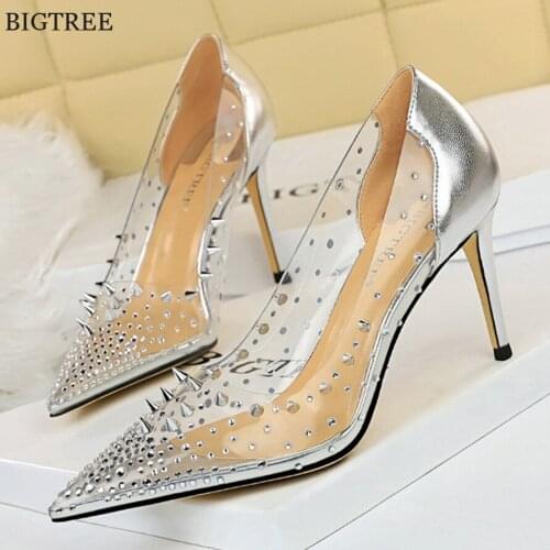 Metal Rivets Stiletto Fashion Women Shoes Autumn High Heels Pointed Crystal Sexy Transparent Patchwork Leather Woman Pumps Party